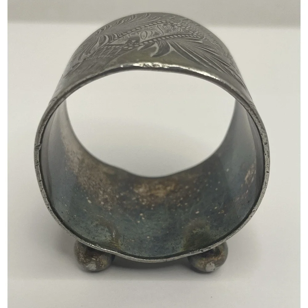 Antique Etched Napkin Ring Silver Plated Ball Feet Monogram Feather Leaf Motif